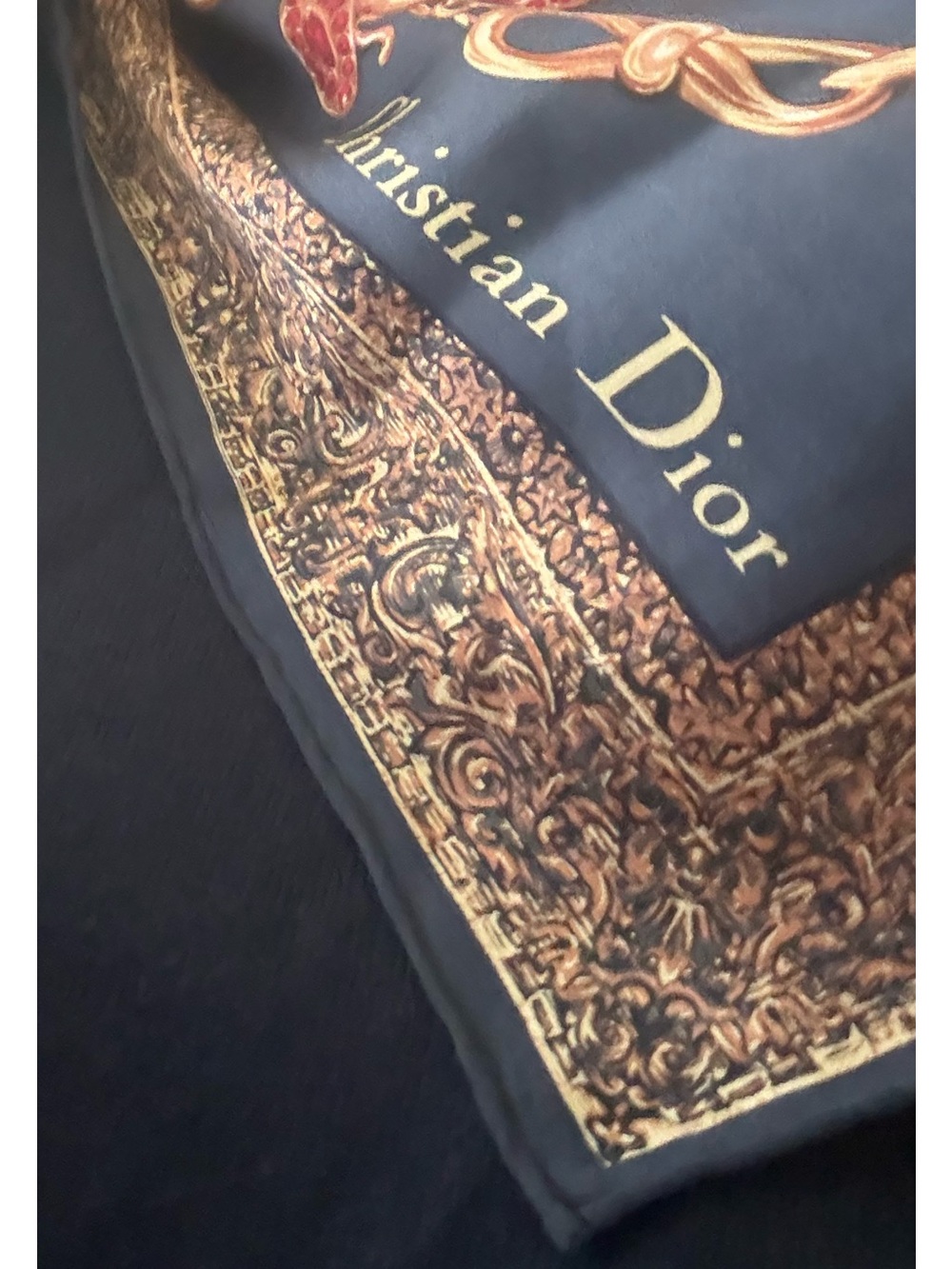 DIOR Vintage SILK Scarf 35” NAVY Gold/Ruby Jewel & Blue-Green Paisley print EUC - Picture 13 of 16